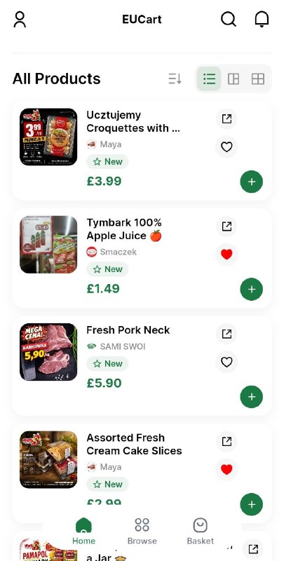 All Products screen in list layout