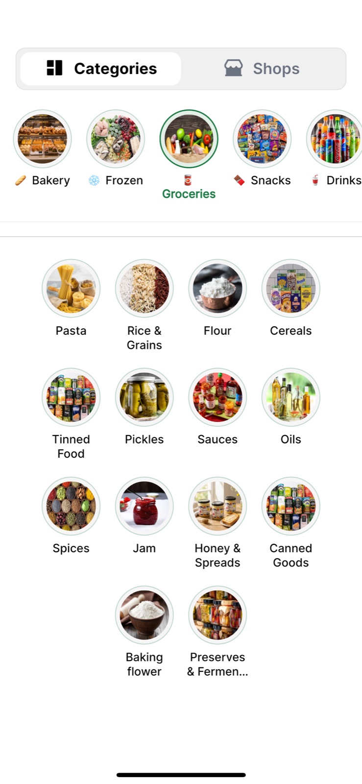 Categories screen with grocery categories