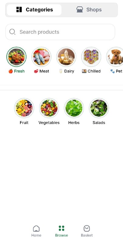 Categories screen with a search bar for finding products