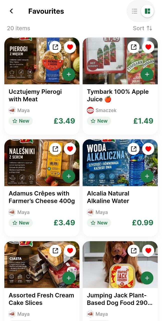 Favourites screen showing 20 saved items with sort and layout options