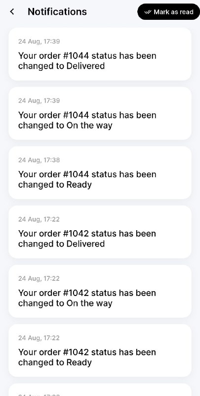 Notifications screen showing order status updates