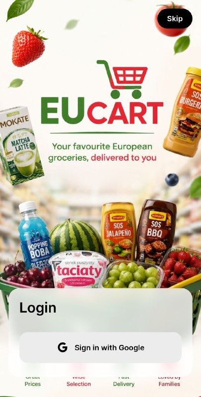 EUCart app welcome screen: your favourite European groceries, delivered to you