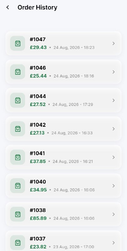 Order History screen listing past orders with totals and dates