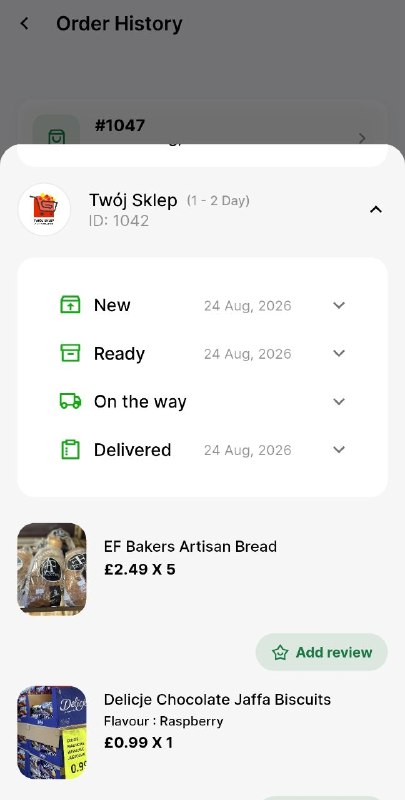 Order tracking screen showing status progressing through New, Ready, On the way and Delivered