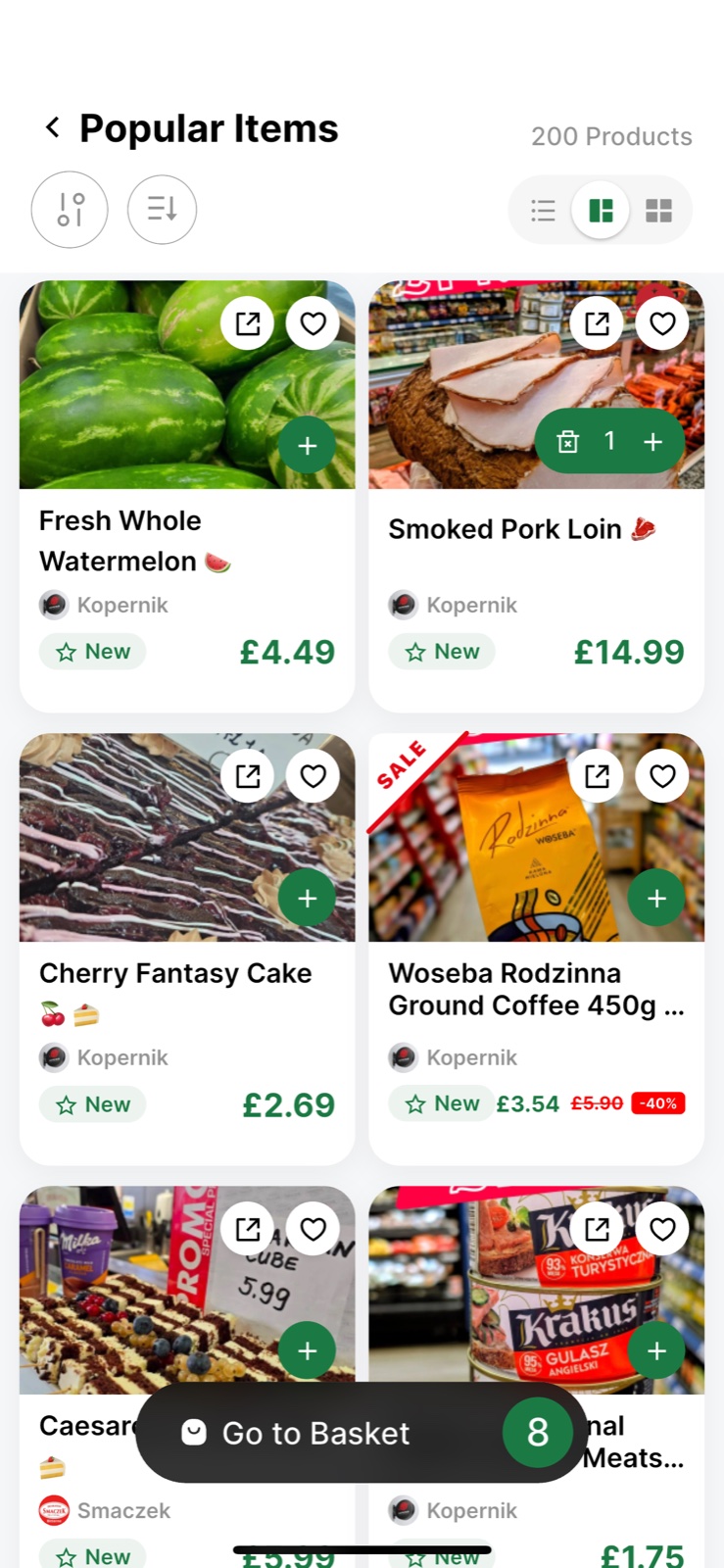 Popular Items screen with a grid of trending products