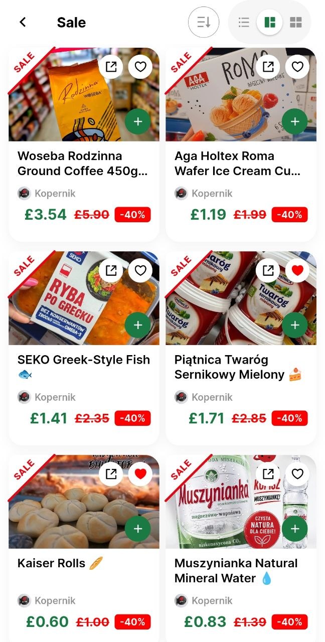 Sale screen in 2-column view showing original price, sale price and discount percentage