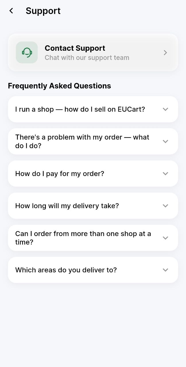 Support screen with contact support and frequently asked questions