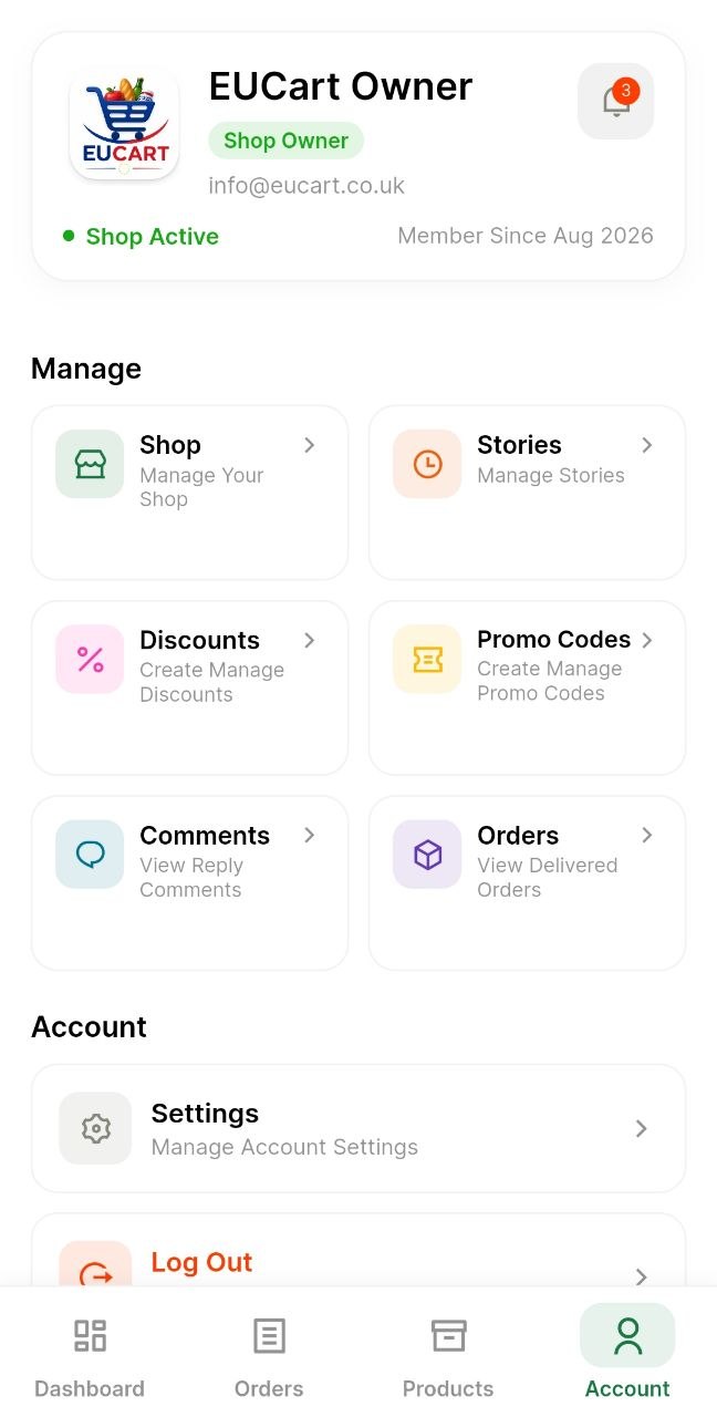 Seller account menu with shop, discounts, promo codes and settings
