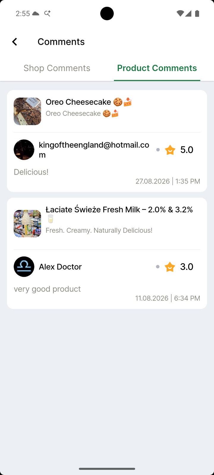 Seller comments screen showing customer product reviews