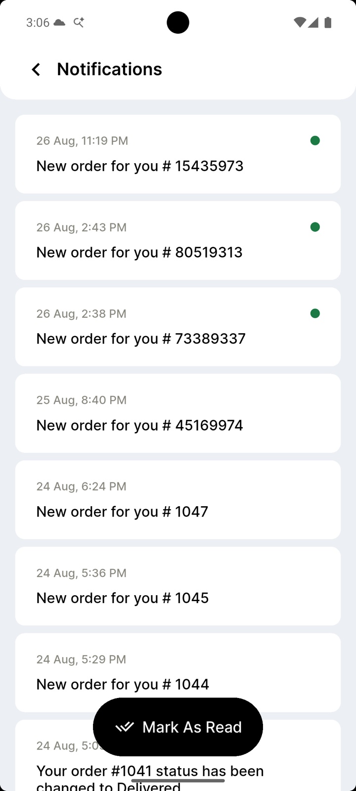 Seller notifications screen with new order alerts