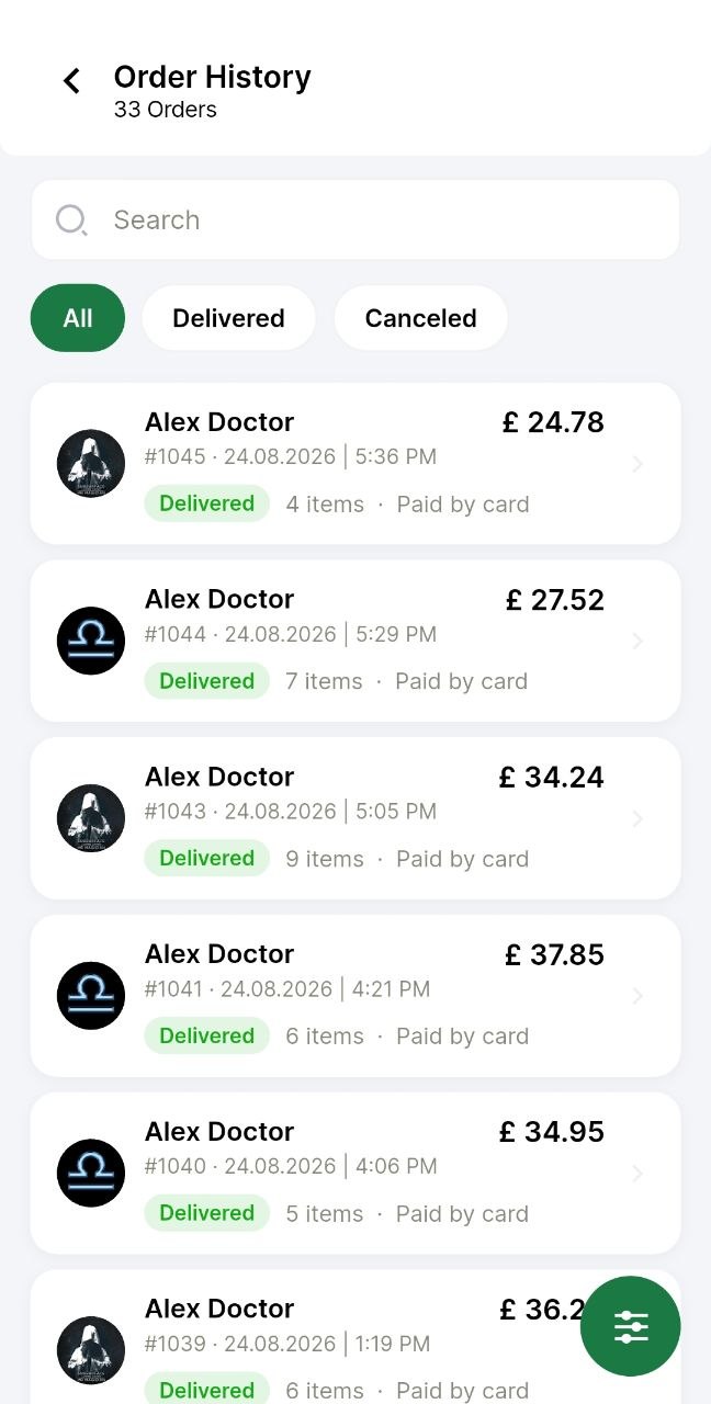 Seller order history showing delivered orders