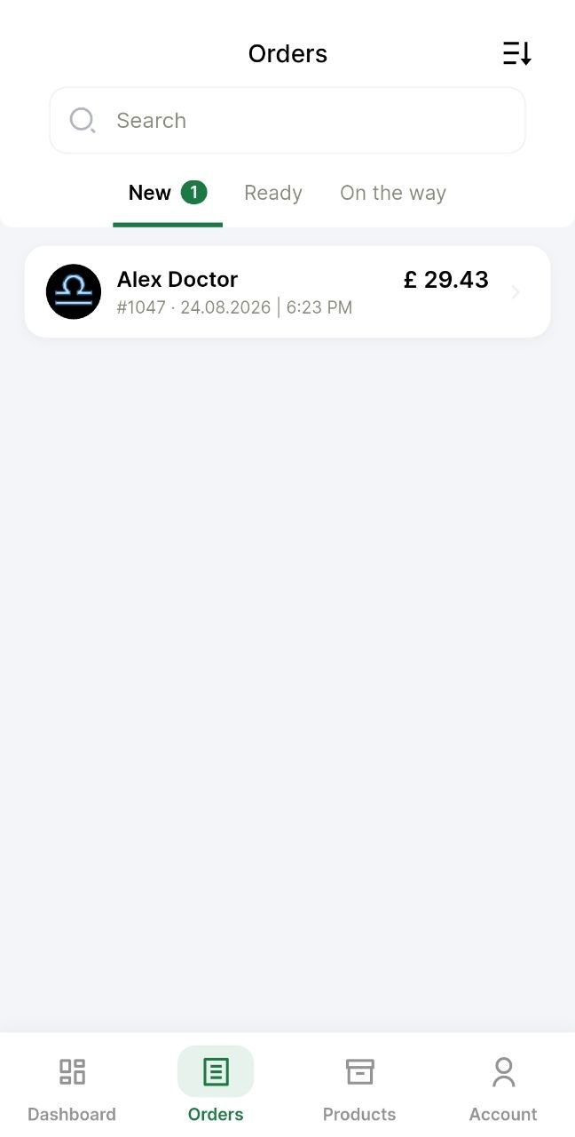 Seller Orders screen showing New, Ready and On the way tabs