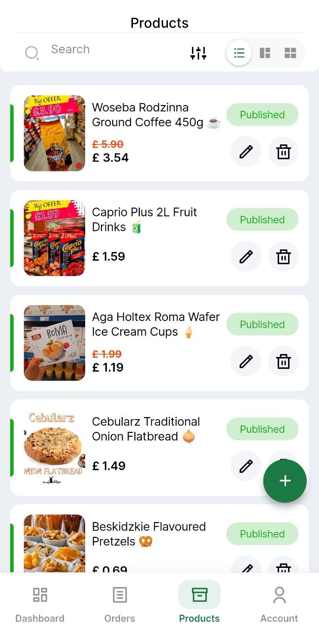 Seller product catalogue with pricing and published status