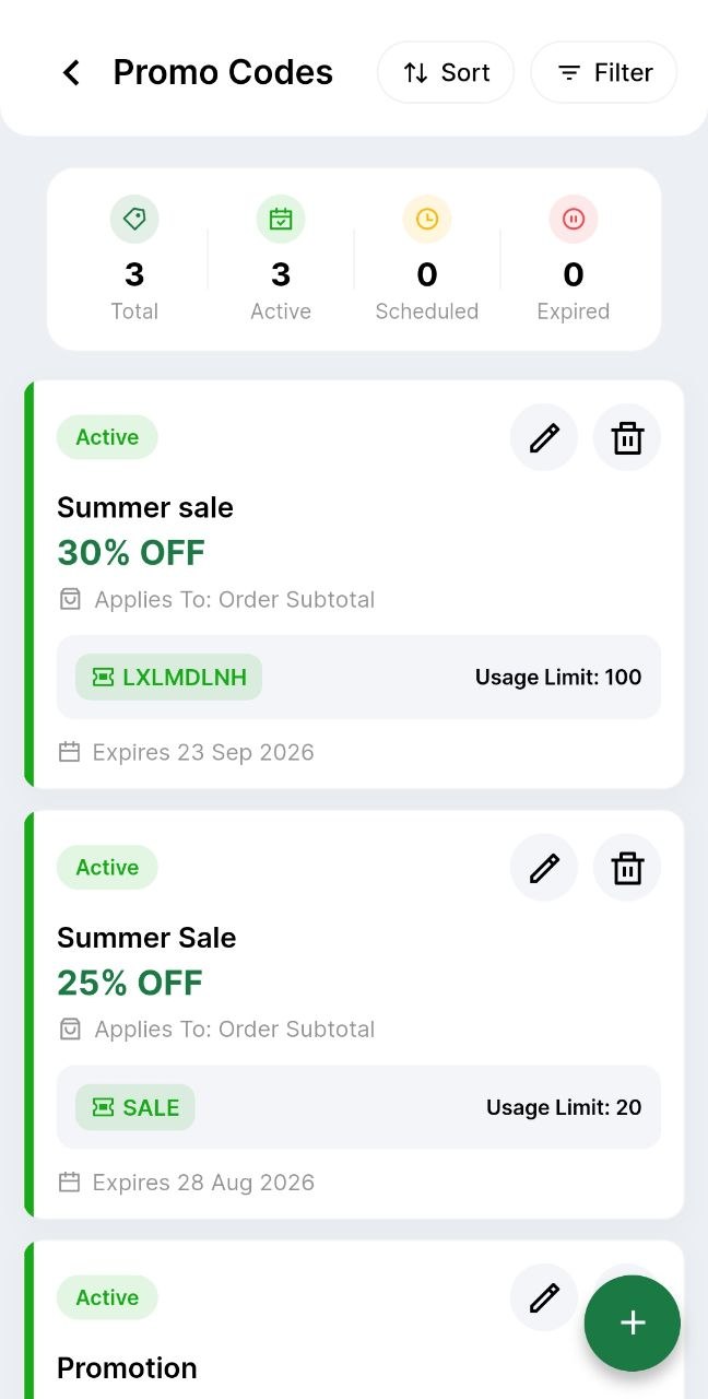 Seller promo codes with usage limits and expiry dates